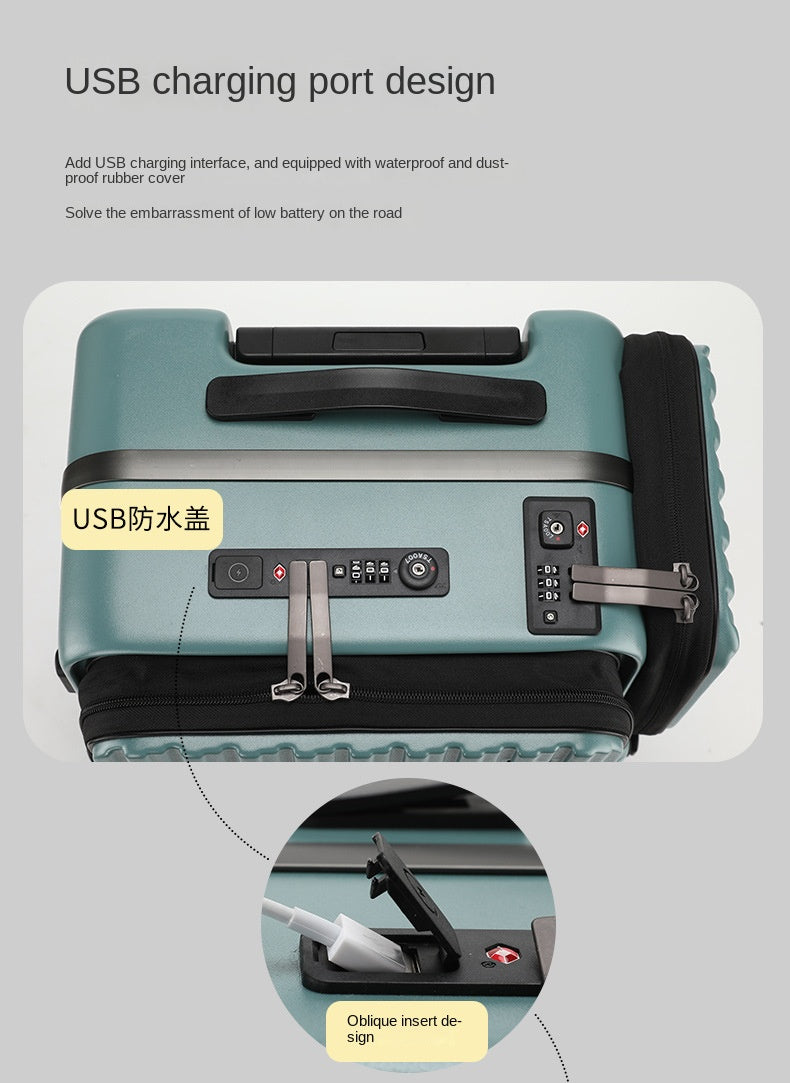 KLQDZMS Carry-on Suitcase Front Opening Laptop Boarding Case 20 Inch USB Charging Trolley Case Password Box Cabin Luggage