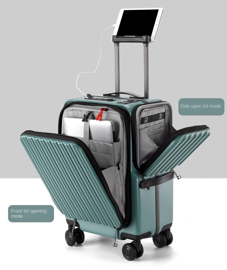KLQDZMS Carry-on Suitcase Front Opening Laptop Boarding Case 20 Inch USB Charging Trolley Case Password Box Cabin Luggage