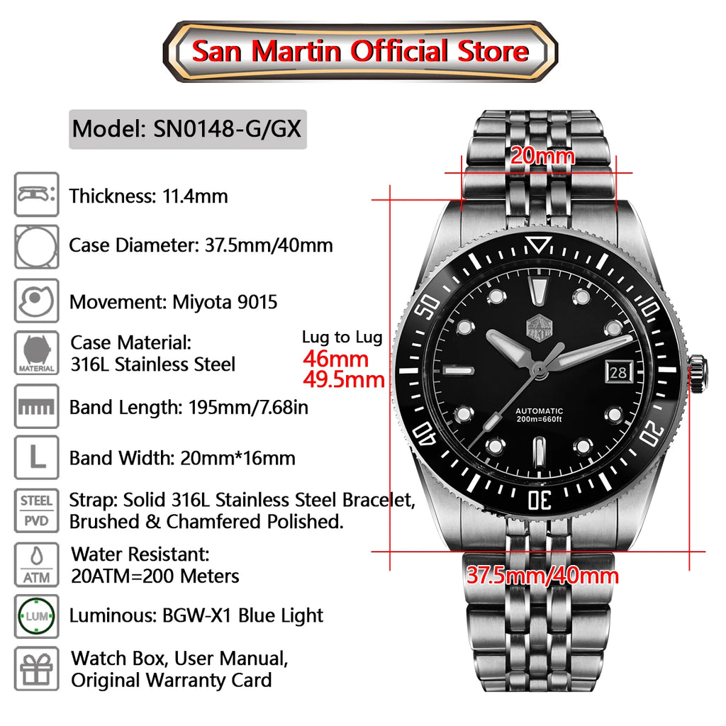 San Martin 37.5mm 40mm Classic Simple Dial Men Diver Watch Miyota 9015 Luxury Automatic Mechanical Watch Waterproof 200m SN0148