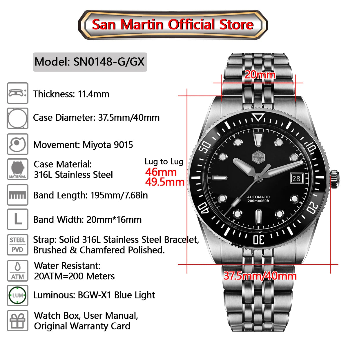 San Martin 37.5mm 40mm Classic Simple Dial Men Diver Watch Miyota 9015 Luxury Automatic Mechanical Watch Waterproof 200m SN0148