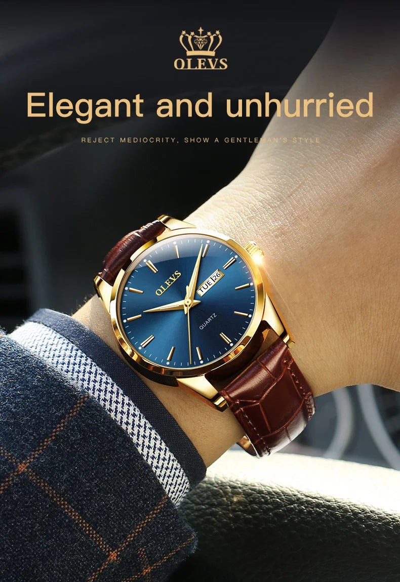OLEVS  6898 Top Brand Quartz Watch for Men Leather Strap Waterproof Wristwatch Date Week Display Popular Casual Dress Men Watch