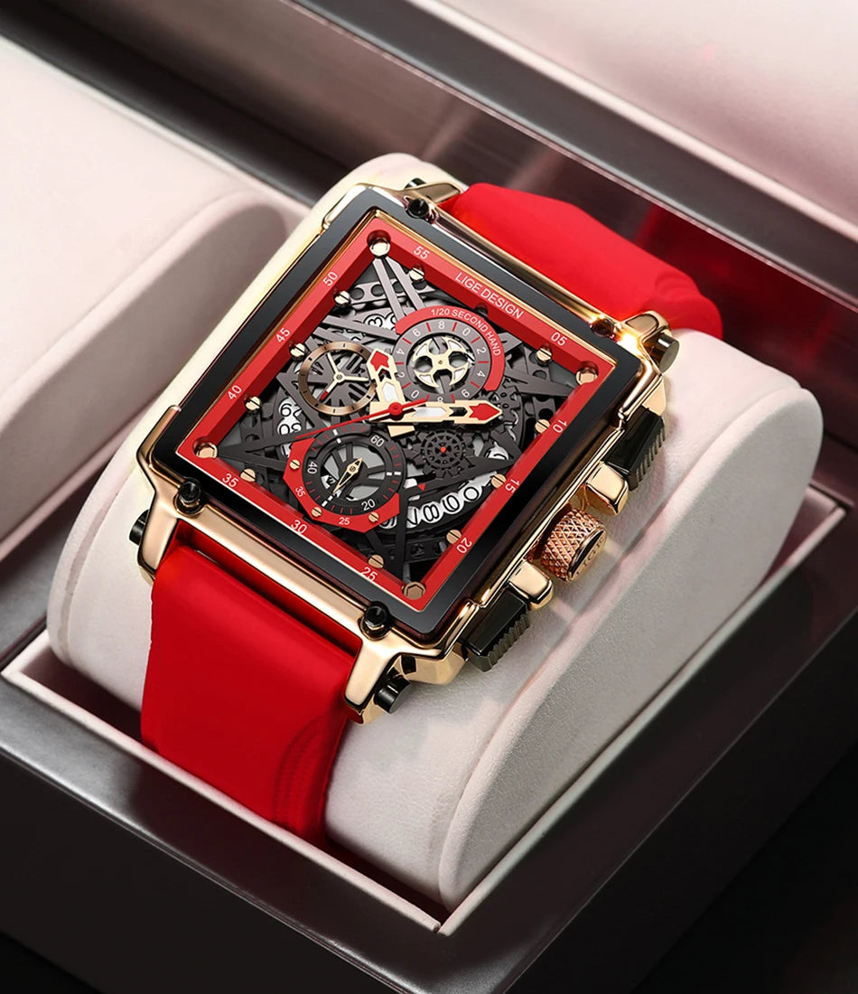 2025 New LIGE Men Watches Top Brand Luxury Hollow Square Sport Watch For Men Fashion Silicone Strap Waterproof Quartz WristWatch