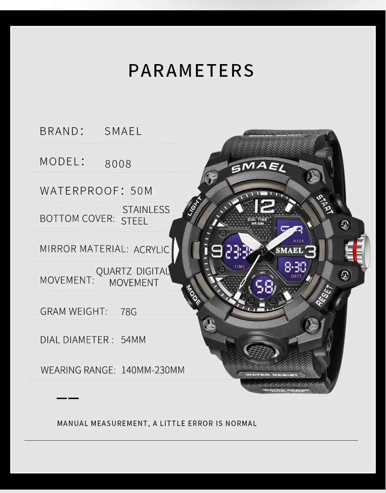 Sport Watch Military Watch For Men Alarm Clock Stopwatch LED Digital Back Light Dual Time Display 8008 Men's Watches Waterproof