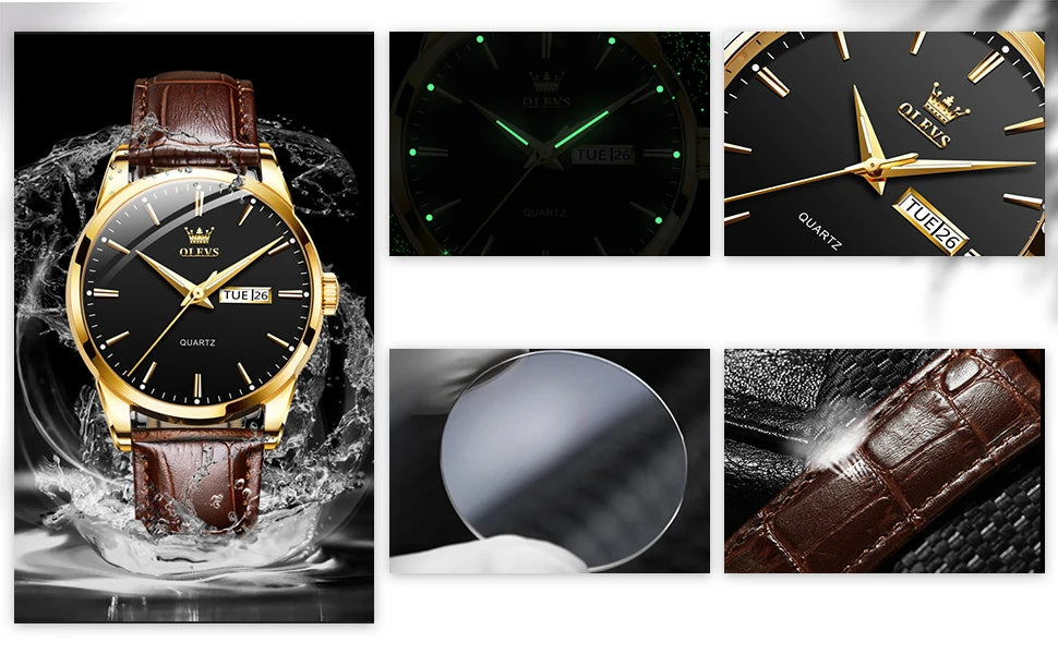 OLEVS  6898 Top Brand Quartz Watch for Men Leather Strap Waterproof Wristwatch Date Week Display Popular Casual Dress Men Watch