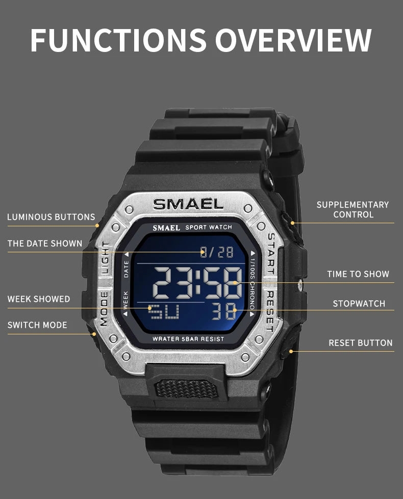 Relogio SMAEL Men Multifunctional Digital Sport Watch Count Down Male Army Military Clock LED WristWatches Fashion Male Relógios