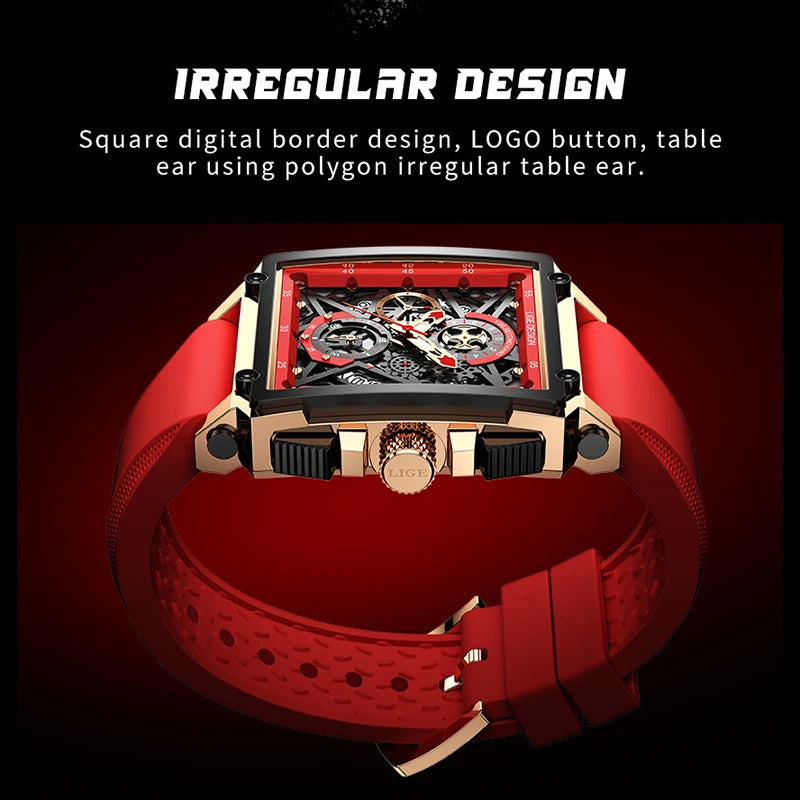 2025 New LIGE Men Watches Top Brand Luxury Hollow Square Sport Watch For Men Fashion Silicone Strap Waterproof Quartz WristWatch