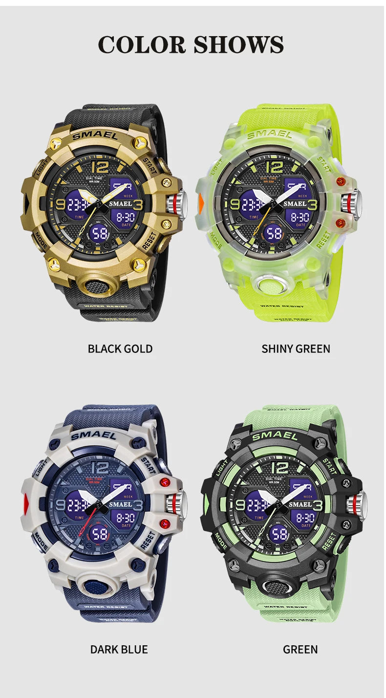 Sport Watch Military Watch For Men Alarm Clock Stopwatch LED Digital Back Light Dual Time Display 8008 Men's Watches Waterproof