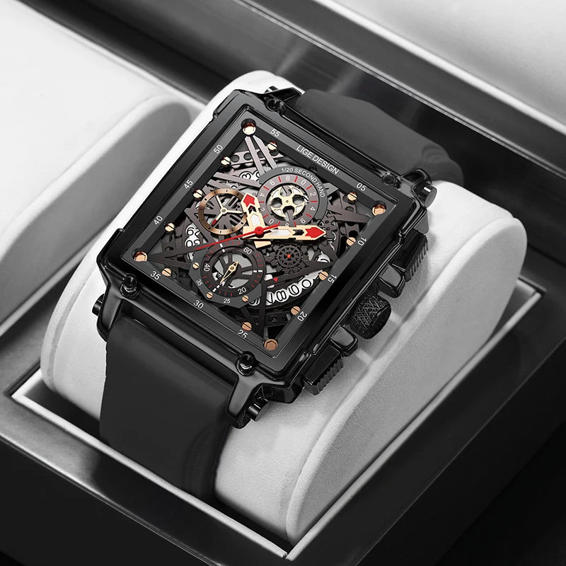 2025 New LIGE Men Watches Top Brand Luxury Hollow Square Sport Watch For Men Fashion Silicone Strap Waterproof Quartz WristWatch