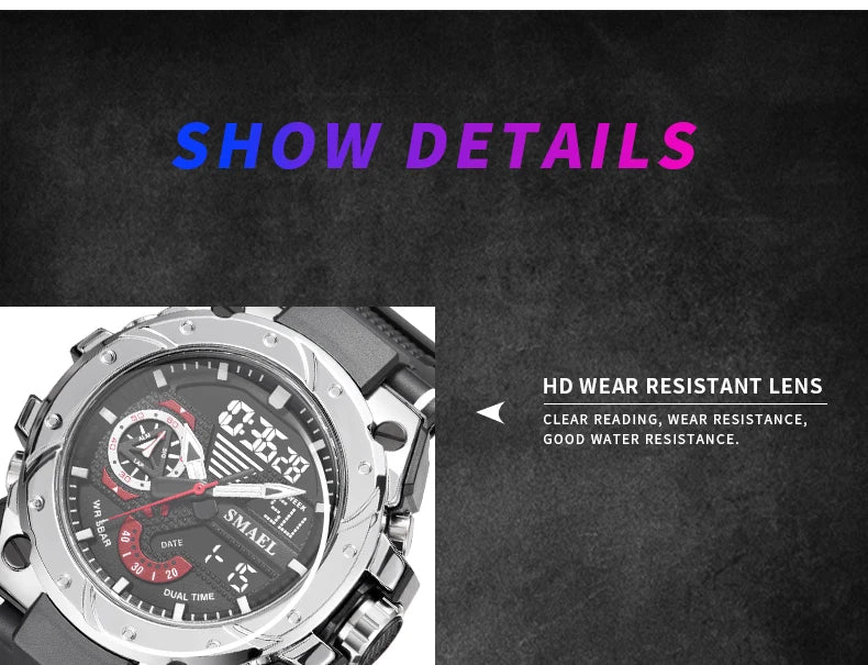 Quartz Watch For Men SMAEL Wristwatches Watcholorful Red Bracelet 50M Waterproof Alarm Clock Analog Digitals 8060 Sport Watches