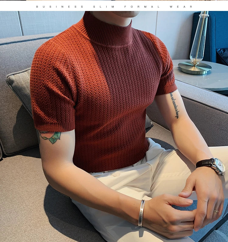 Fall Winter New Short Sleeve Knitted Sweater Men Clothing Half High Neck Slim Fit Sweater T-shirt Casual Stretch Homme Pullover