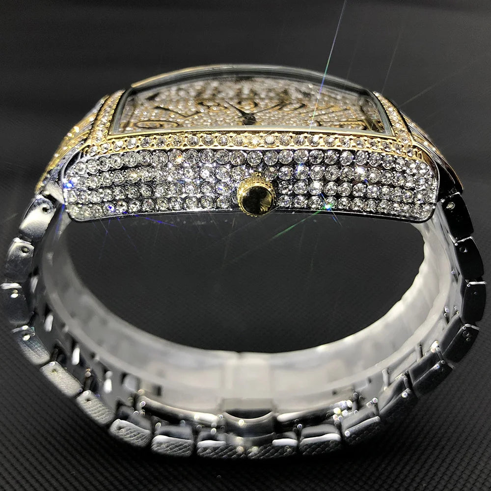 Luxury Ice Out Mens Watches Popular Tonneau Full Diamond Silver Geneva Male Watch Hip Hop Original Waterproof relogio masculino
