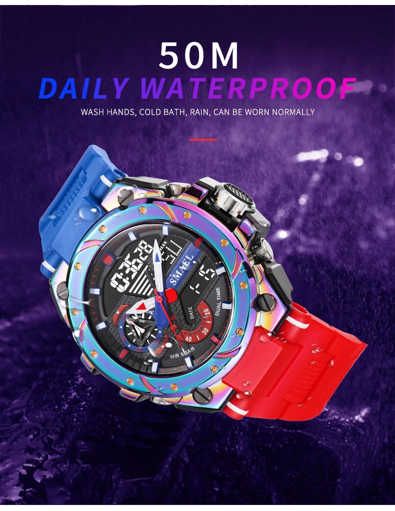 Quartz Watch For Men SMAEL Wristwatches Watcholorful Red Bracelet 50M Waterproof Alarm Clock Analog Digitals 8060 Sport Watches