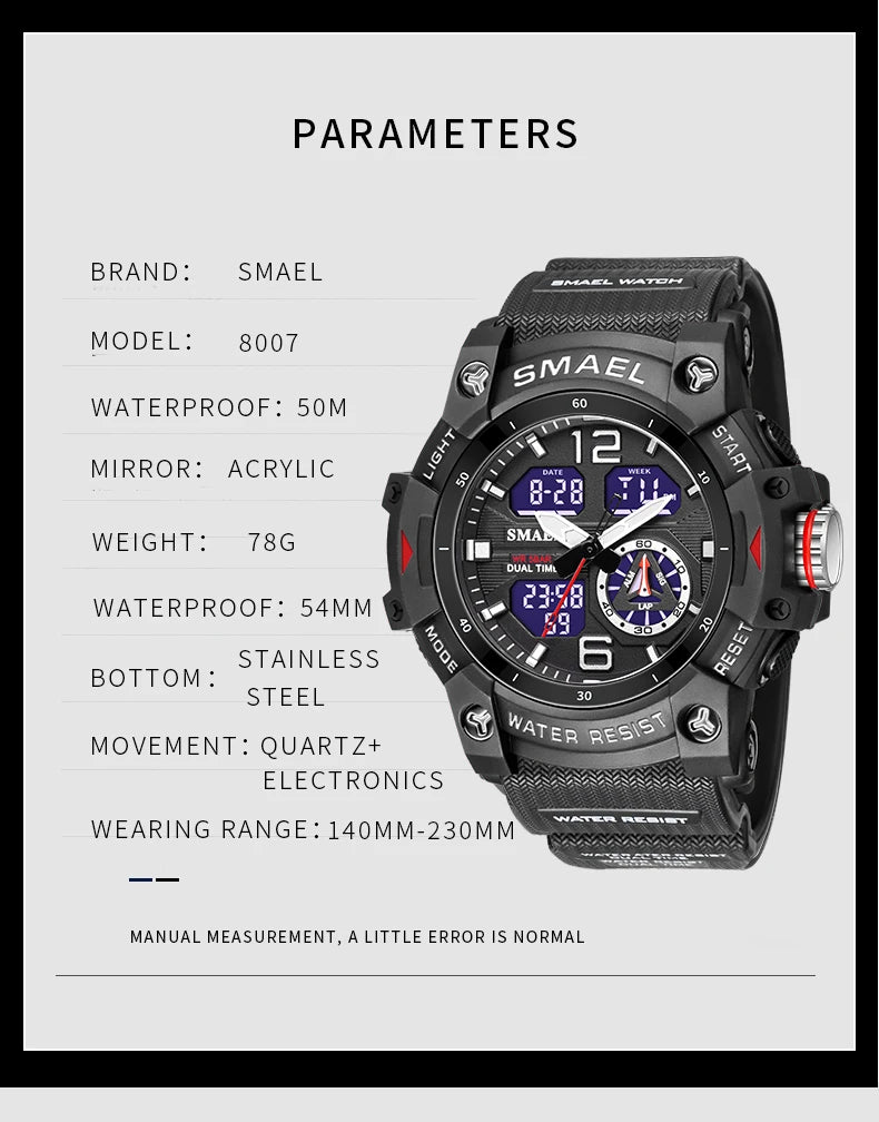 SMAEL 8007 Men's Analog Digital Dual Display Sport Watch - 50M Waterproof LED Backlight Alarm Stopwatch Chronograph Shockproof