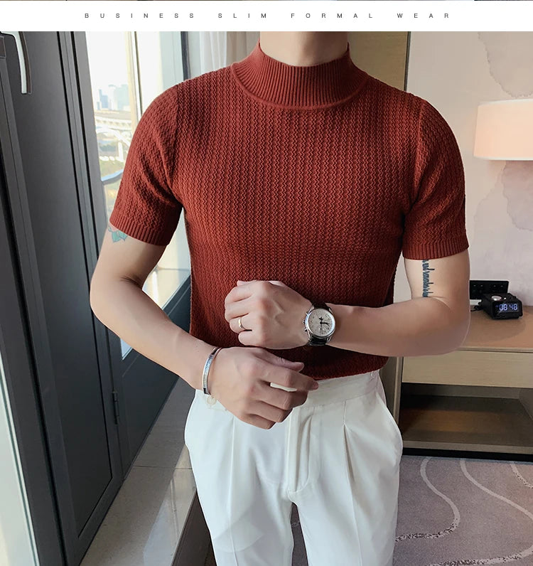 Fall Winter New Short Sleeve Knitted Sweater Men Clothing Half High Neck Slim Fit Sweater T-shirt Casual Stretch Homme Pullover