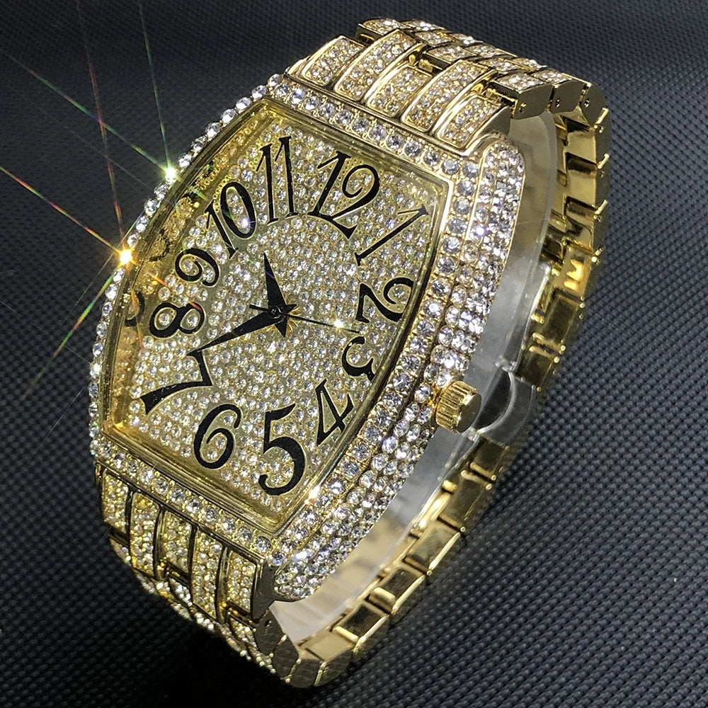 Luxury Ice Out Mens Watches Popular Tonneau Full Diamond Silver Geneva Male Watch Hip Hop Original Waterproof relogio masculino