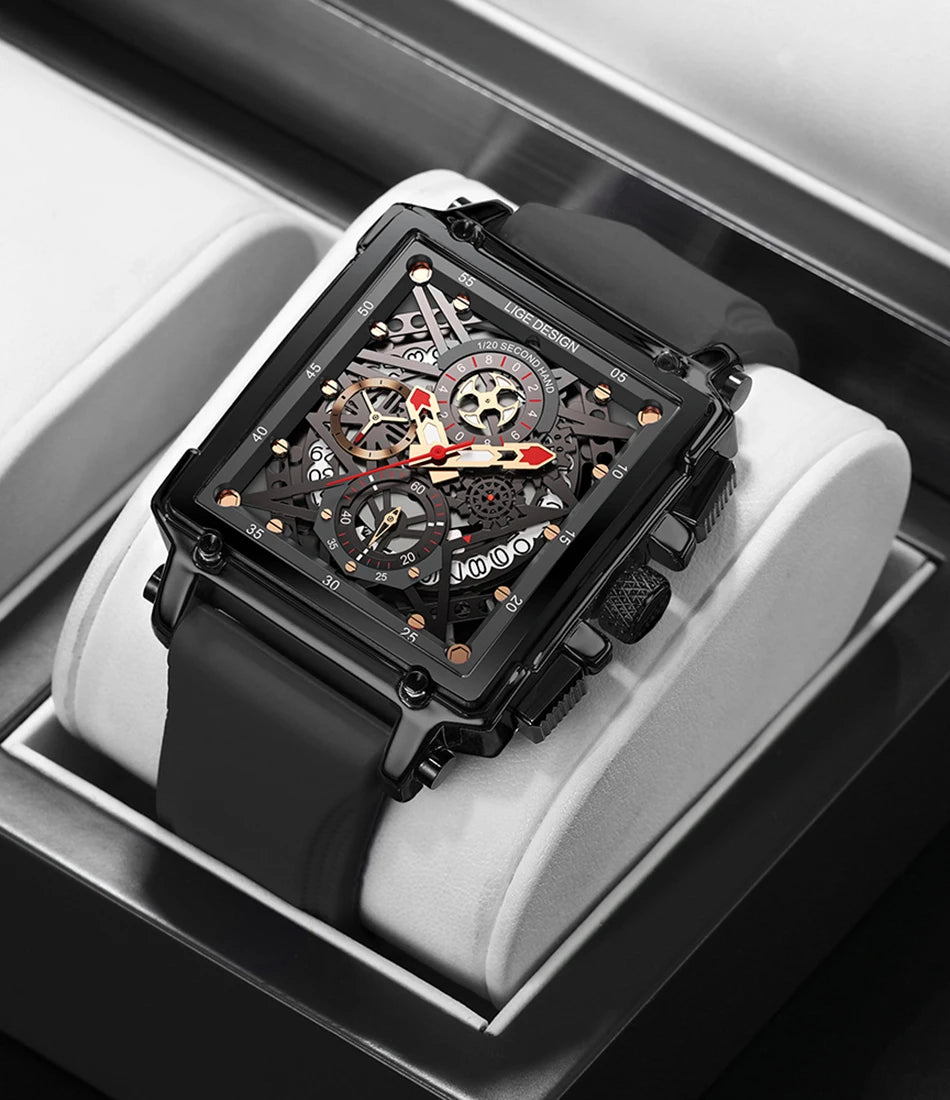 2025 New LIGE Men Watches Top Brand Luxury Hollow Square Sport Watch For Men Fashion Silicone Strap Waterproof Quartz WristWatch