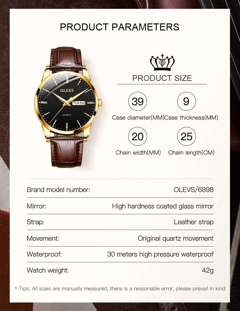 OLEVS  6898 Top Brand Quartz Watch for Men Leather Strap Waterproof Wristwatch Date Week Display Popular Casual Dress Men Watch