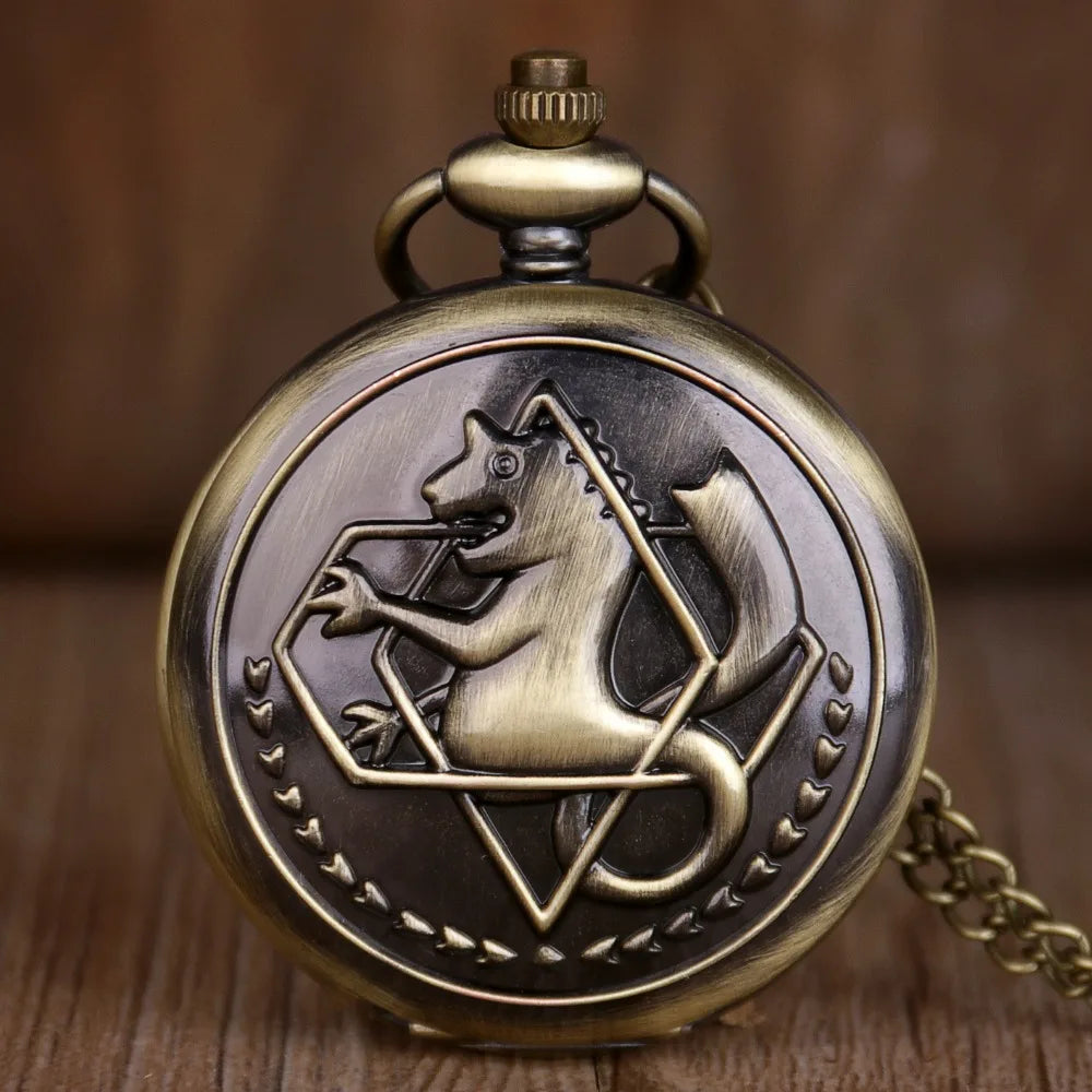 Antique FullMetal Alchemist Edward Elric Cosplay Quartz Pocket Watch with Pendant Necklace Men Women Fob Watch