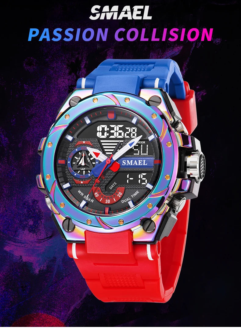 Quartz Watch For Men SMAEL Wristwatches Watcholorful Red Bracelet 50M Waterproof Alarm Clock Analog Digitals 8060 Sport Watches