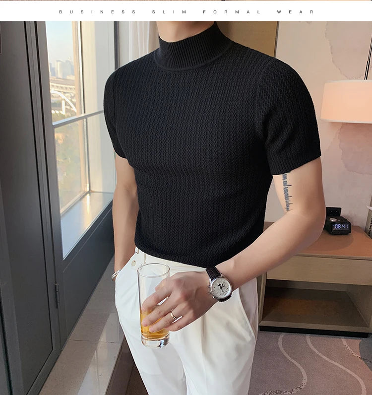Fall Winter New Short Sleeve Knitted Sweater Men Clothing Half High Neck Slim Fit Sweater T-shirt Casual Stretch Homme Pullover