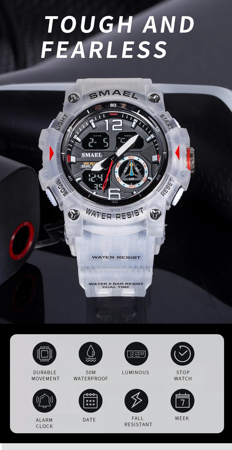 SMAEL 8007 Men's Analog Digital Dual Display Sport Watch - 50M Waterproof LED Backlight Alarm Stopwatch Chronograph Shockproof