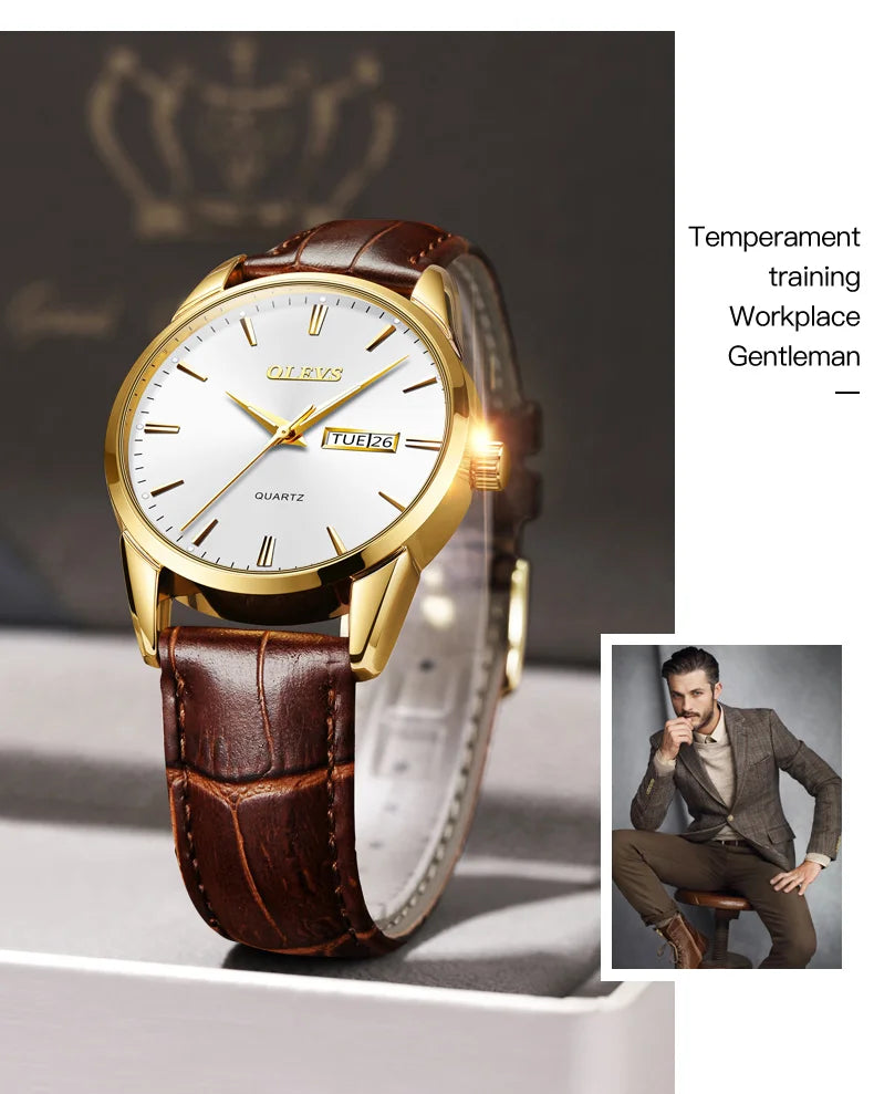 OLEVS  6898 Top Brand Quartz Watch for Men Leather Strap Waterproof Wristwatch Date Week Display Popular Casual Dress Men Watch