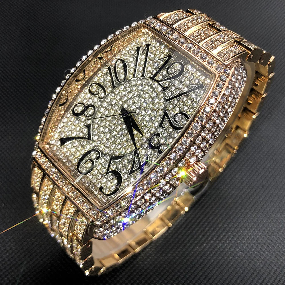 Luxury Ice Out Mens Watches Popular Tonneau Full Diamond Silver Geneva Male Watch Hip Hop Original Waterproof relogio masculino