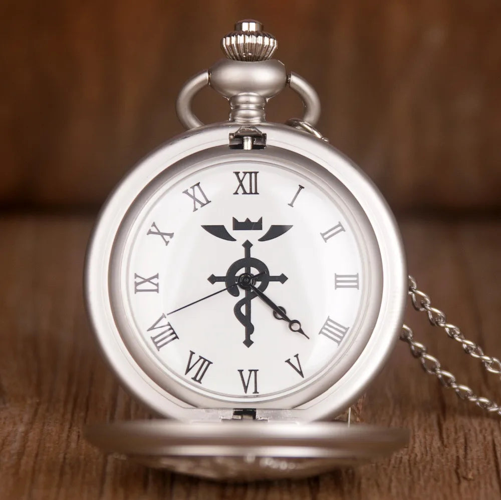 Antique FullMetal Alchemist Edward Elric Cosplay Quartz Pocket Watch with Pendant Necklace Men Women Fob Watch