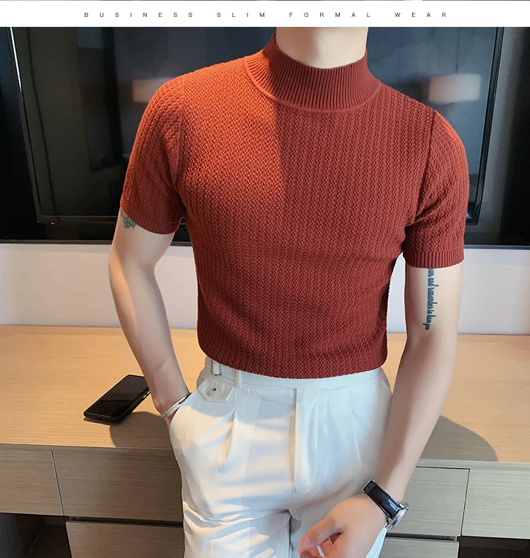 Fall Winter New Short Sleeve Knitted Sweater Men Clothing Half High Neck Slim Fit Sweater T-shirt Casual Stretch Homme Pullover