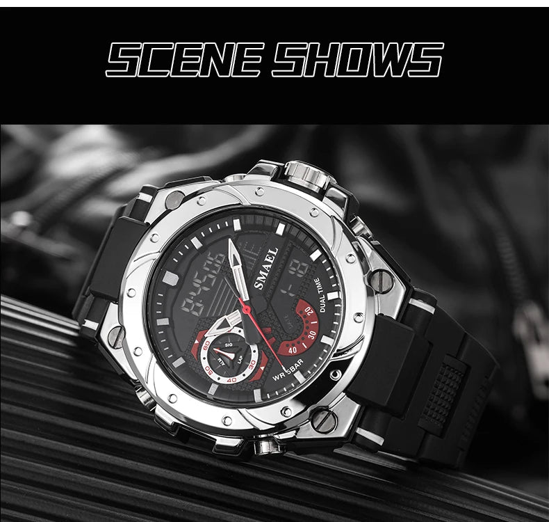 Quartz Watch For Men SMAEL Wristwatches Watcholorful Red Bracelet 50M Waterproof Alarm Clock Analog Digitals 8060 Sport Watches