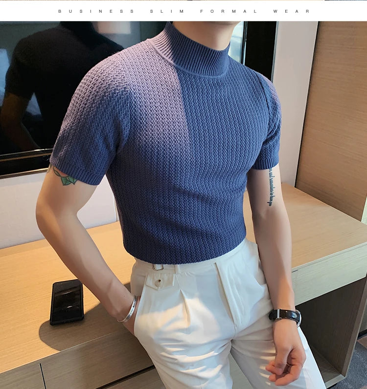 Fall Winter New Short Sleeve Knitted Sweater Men Clothing Half High Neck Slim Fit Sweater T-shirt Casual Stretch Homme Pullover
