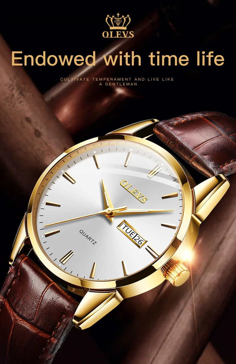 OLEVS  6898 Top Brand Quartz Watch for Men Leather Strap Waterproof Wristwatch Date Week Display Popular Casual Dress Men Watch