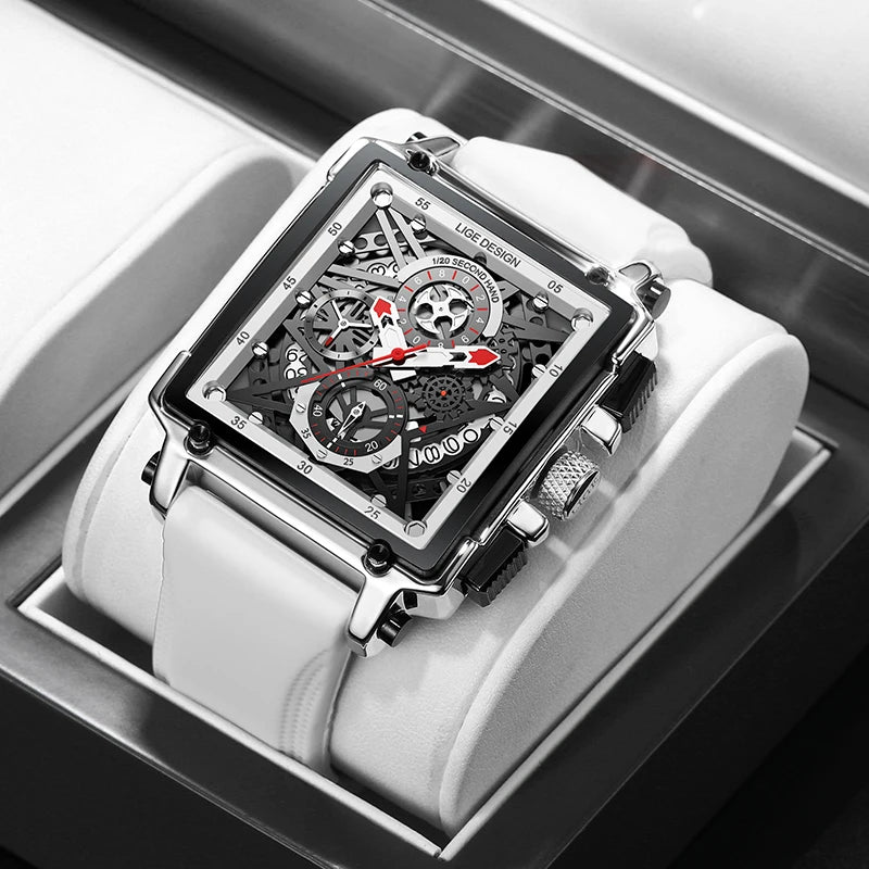 2025 New LIGE Men Watches Top Brand Luxury Hollow Square Sport Watch For Men Fashion Silicone Strap Waterproof Quartz WristWatch