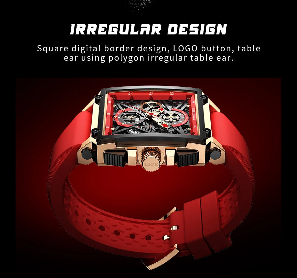 2025 New LIGE Men Watches Top Brand Luxury Hollow Square Sport Watch For Men Fashion Silicone Strap Waterproof Quartz WristWatch