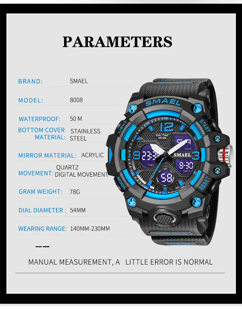 Sport Watch Military Watch For Men Alarm Clock Stopwatch LED Digital Back Light Dual Time Display 8008 Men's Watches Waterproof
