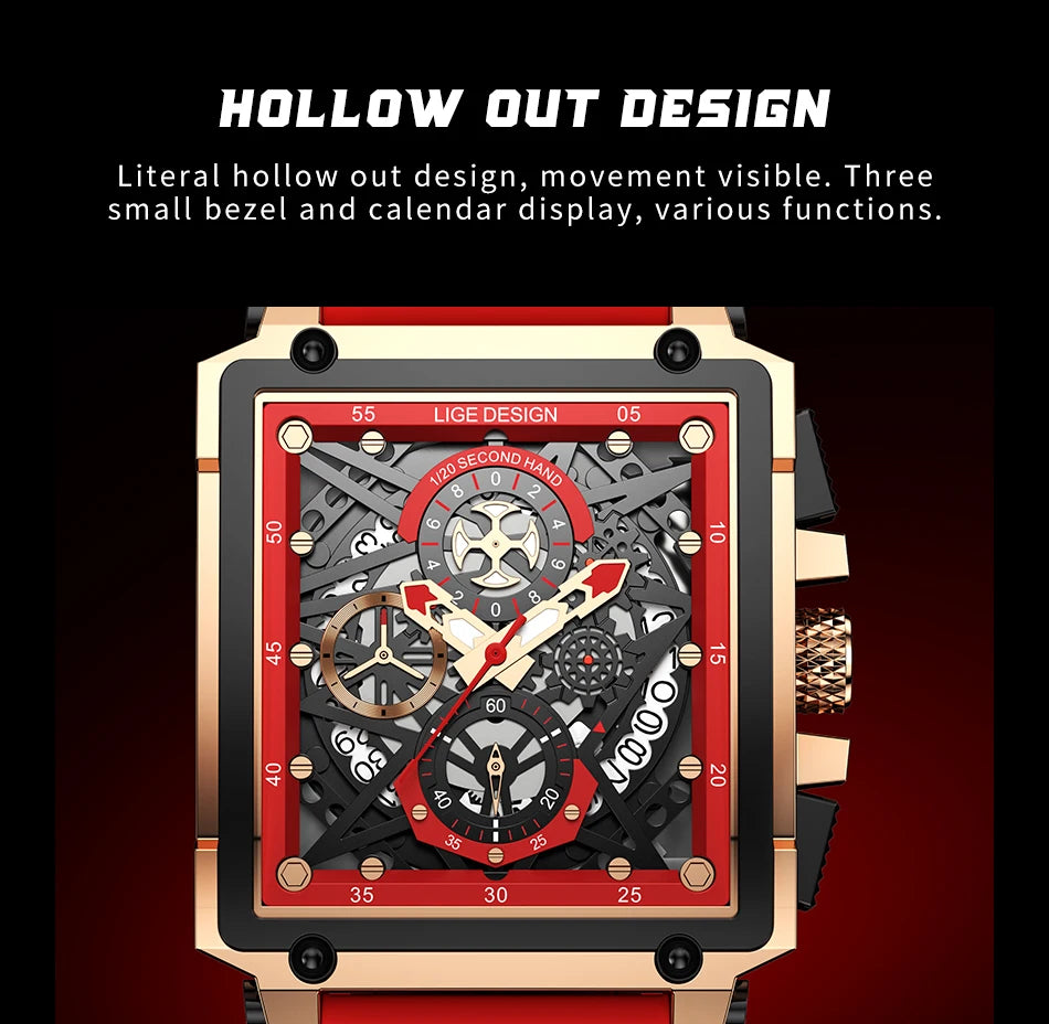 2025 New LIGE Men Watches Top Brand Luxury Hollow Square Sport Watch For Men Fashion Silicone Strap Waterproof Quartz WristWatch