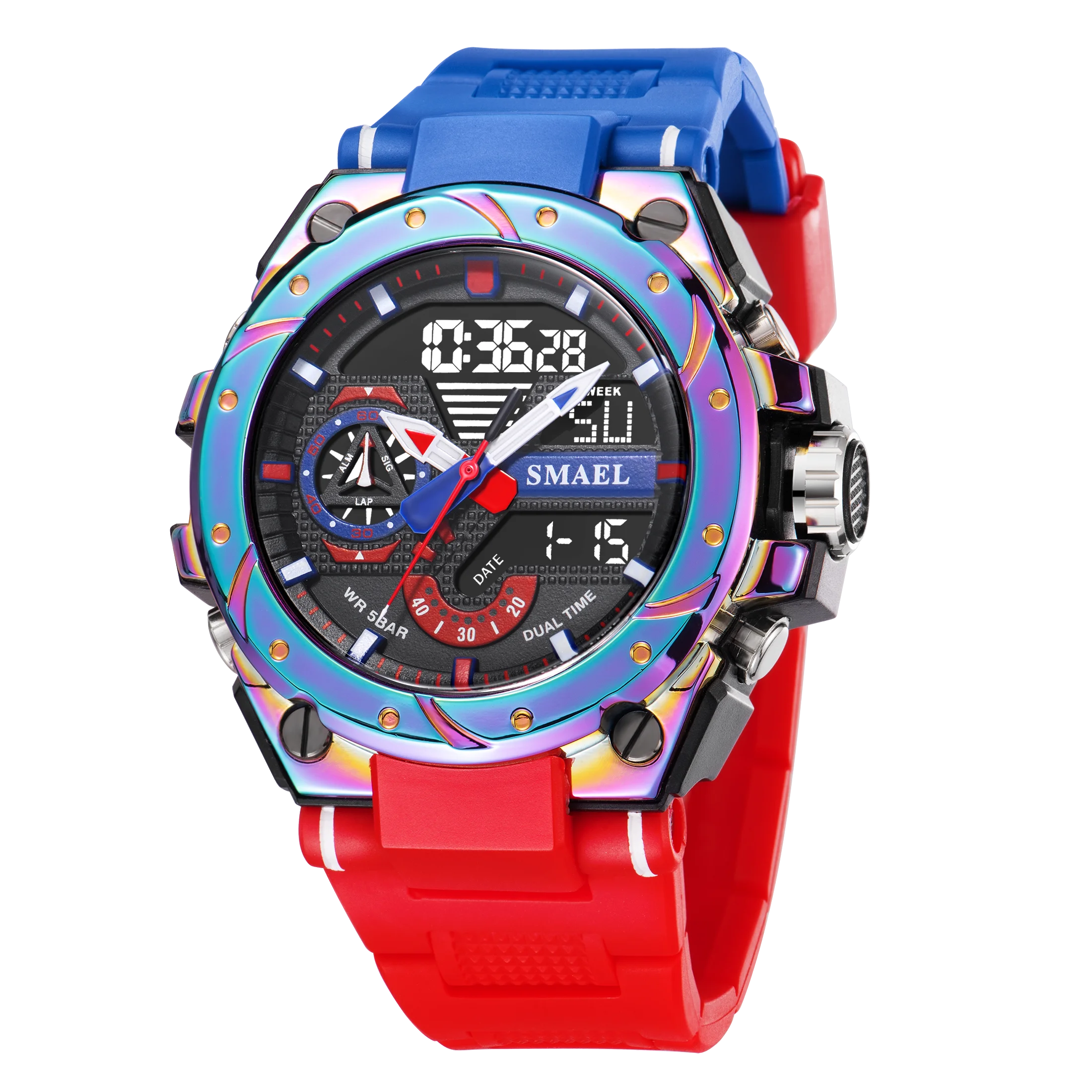 Quartz Watch For Men SMAEL Wristwatches Watcholorful Red Bracelet 50M Waterproof Alarm Clock Analog Digitals 8060 Sport Watches