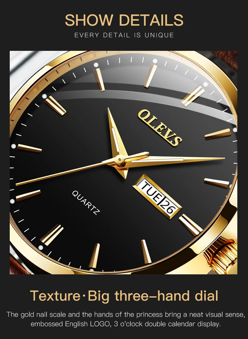 OLEVS  6898 Top Brand Quartz Watch for Men Leather Strap Waterproof Wristwatch Date Week Display Popular Casual Dress Men Watch