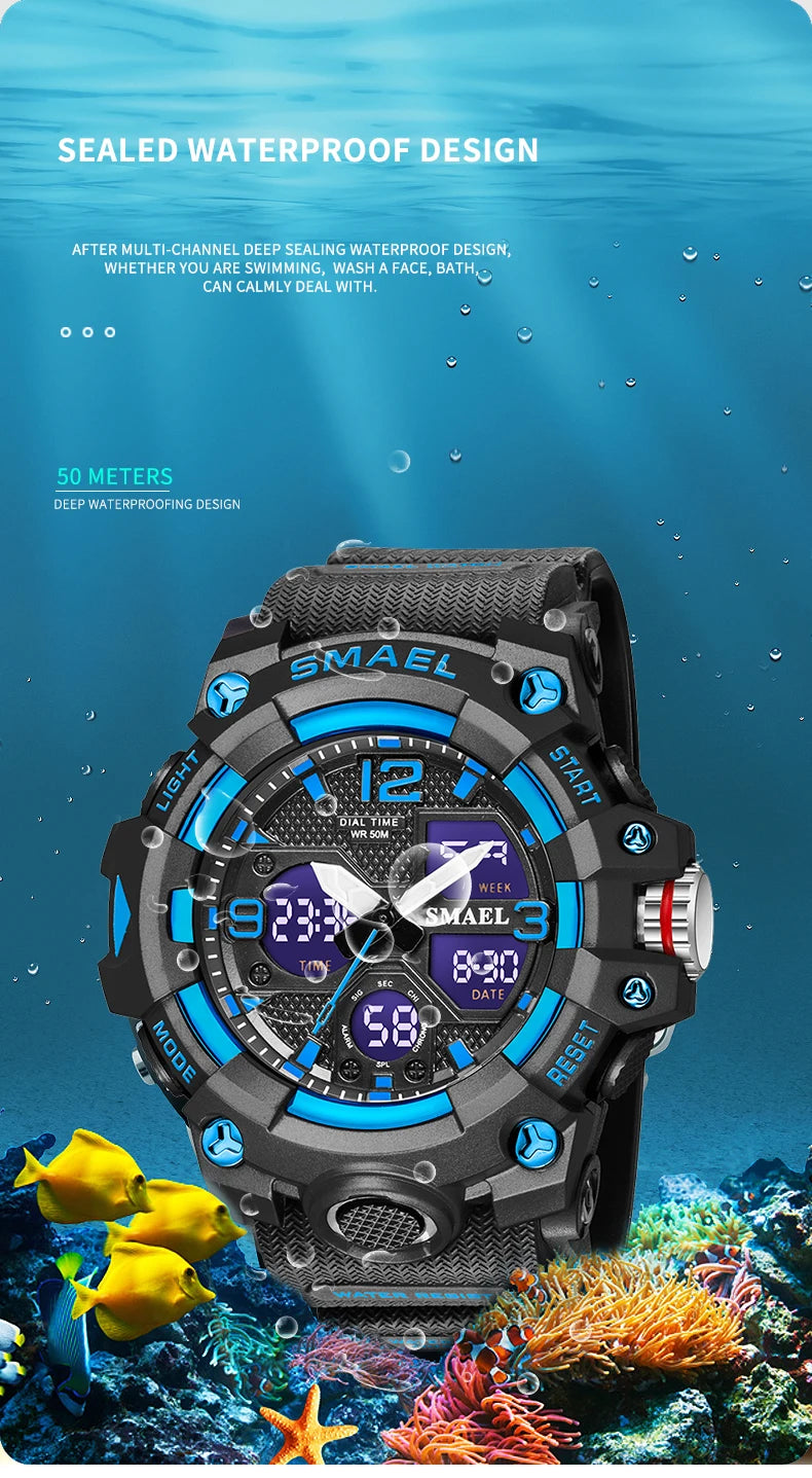 Sport Watch Military Watch For Men Alarm Clock Stopwatch LED Digital Back Light Dual Time Display 8008 Men's Watches Waterproof