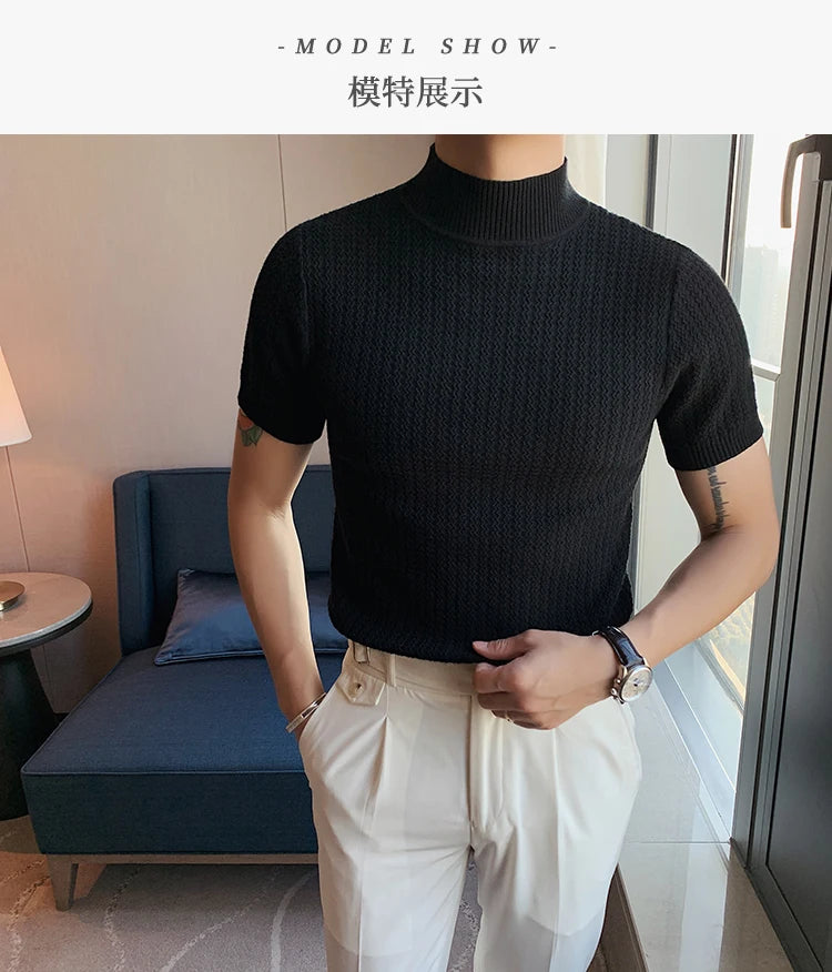 Fall Winter New Short Sleeve Knitted Sweater Men Clothing Half High Neck Slim Fit Sweater T-shirt Casual Stretch Homme Pullover