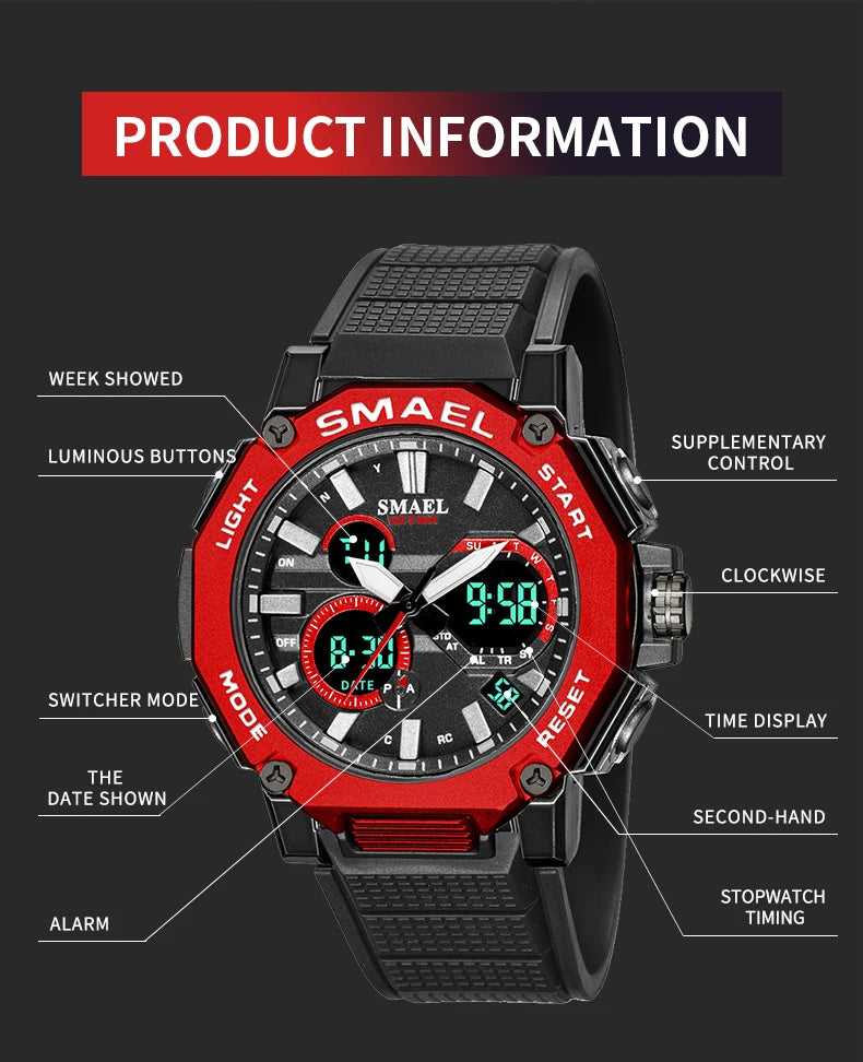 Quartz Watches Sports SMAEL Brand Male Clock Alarm 50M Waterproof Stopwatch LED Back Light Wristwatches 8047 Men Watch Sport