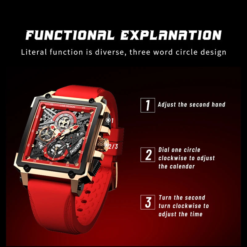 2025 New LIGE Men Watches Top Brand Luxury Hollow Square Sport Watch For Men Fashion Silicone Strap Waterproof Quartz WristWatch