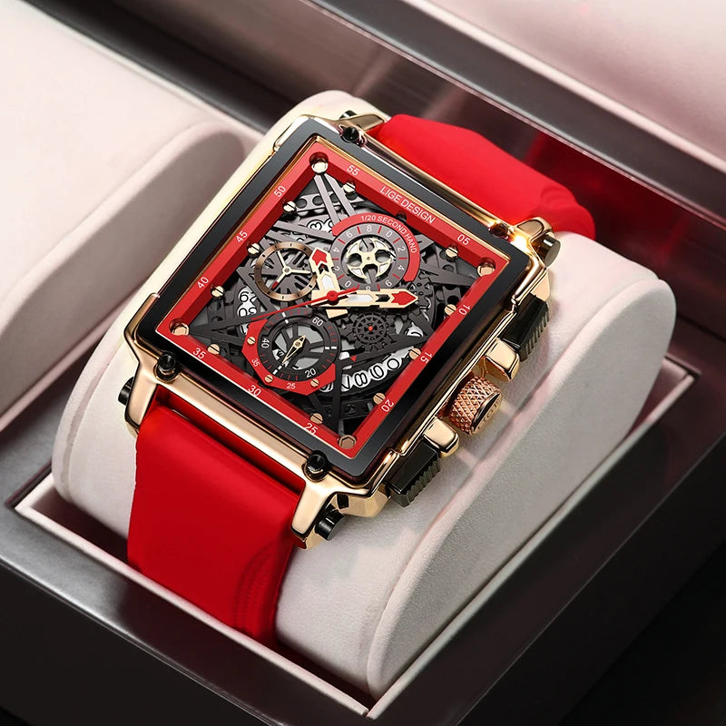 2025 New LIGE Men Watches Top Brand Luxury Hollow Square Sport Watch For Men Fashion Silicone Strap Waterproof Quartz WristWatch