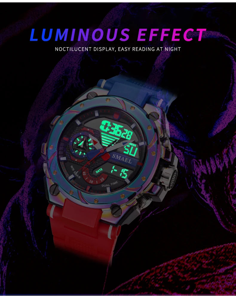 Quartz Watch For Men SMAEL Wristwatches Watcholorful Red Bracelet 50M Waterproof Alarm Clock Analog Digitals 8060 Sport Watches