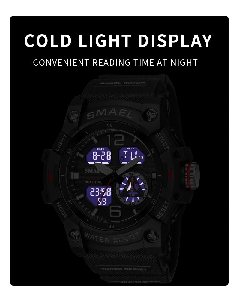 SMAEL 8007 Men's Analog Digital Dual Display Sport Watch - 50M Waterproof LED Backlight Alarm Stopwatch Chronograph Shockproof
