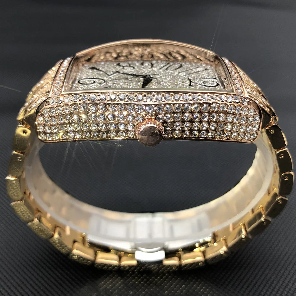 Luxury Ice Out Mens Watches Popular Tonneau Full Diamond Silver Geneva Male Watch Hip Hop Original Waterproof relogio masculino