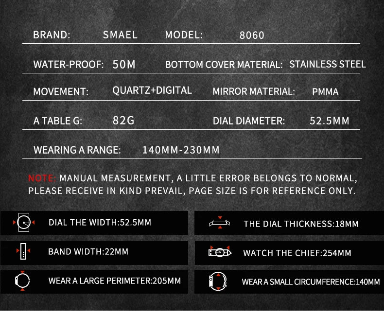 Quartz Watch For Men SMAEL Wristwatches Watcholorful Red Bracelet 50M Waterproof Alarm Clock Analog Digitals 8060 Sport Watches