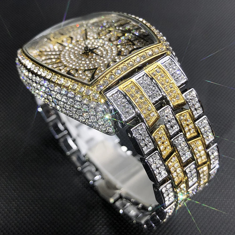 Luxury Ice Out Mens Watches Popular Tonneau Full Diamond Silver Geneva Male Watch Hip Hop Original Waterproof relogio masculino