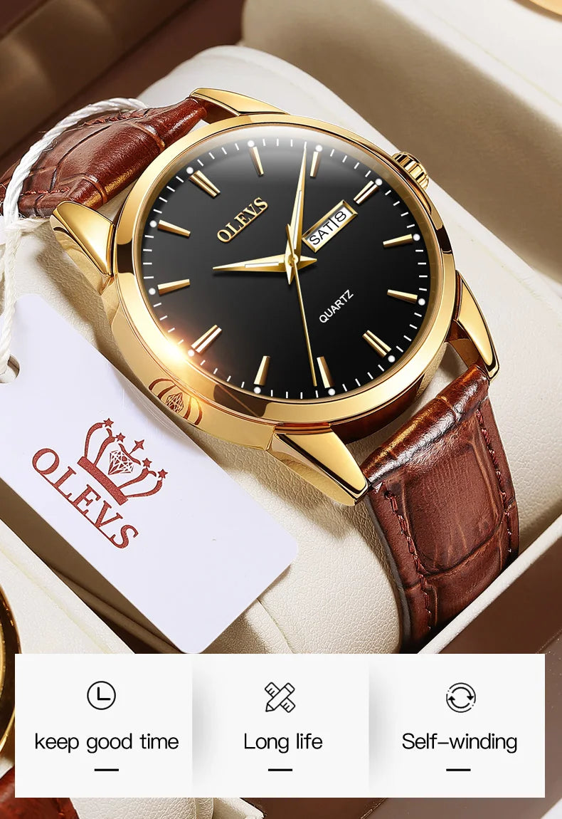 OLEVS  6898 Top Brand Quartz Watch for Men Leather Strap Waterproof Wristwatch Date Week Display Popular Casual Dress Men Watch