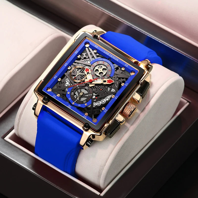 2025 New LIGE Men Watches Top Brand Luxury Hollow Square Sport Watch For Men Fashion Silicone Strap Waterproof Quartz WristWatch